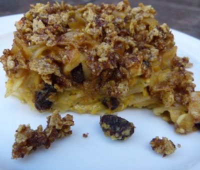 gluten free noodle kugel with raisins on plate