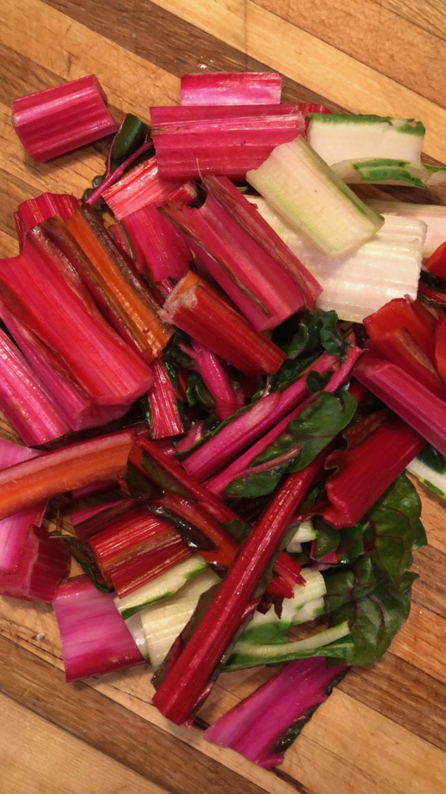 chopped stems of swiss chard in pink