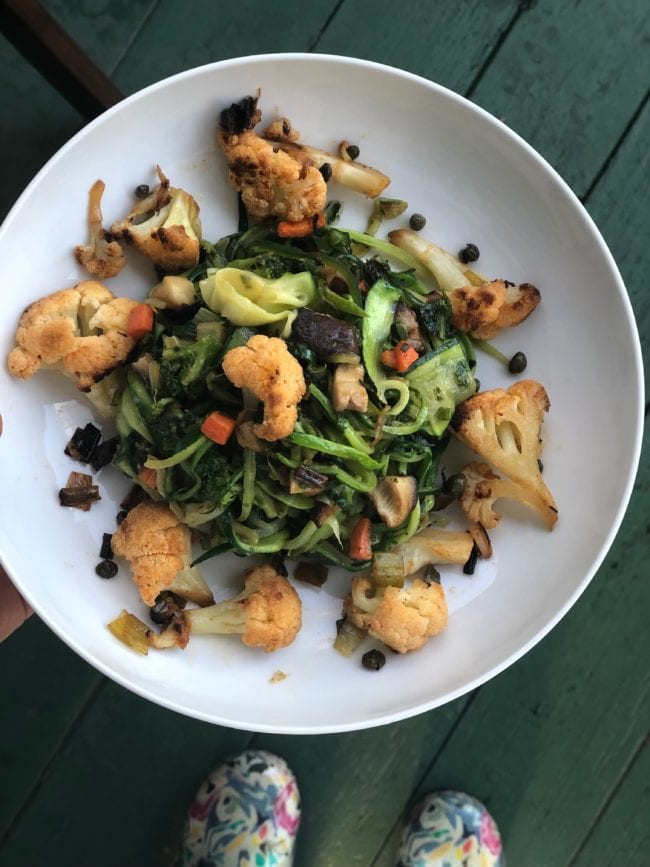 freshly roasted plate of vegetables and zoodles