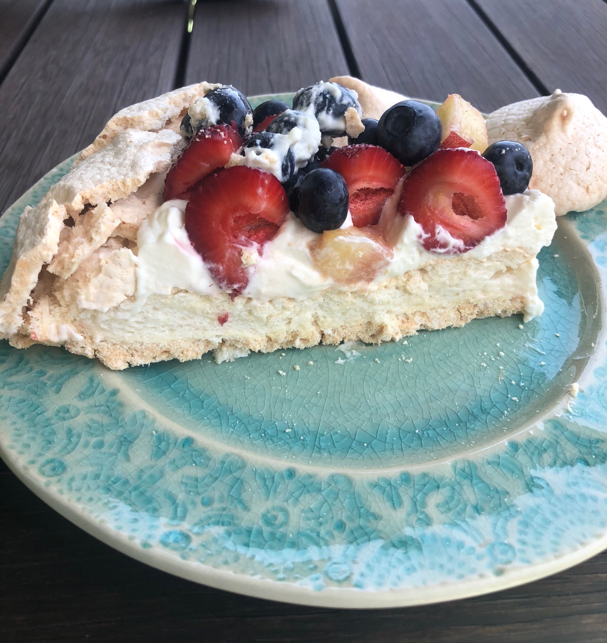 gluten free summer dessert pie on a blue plate