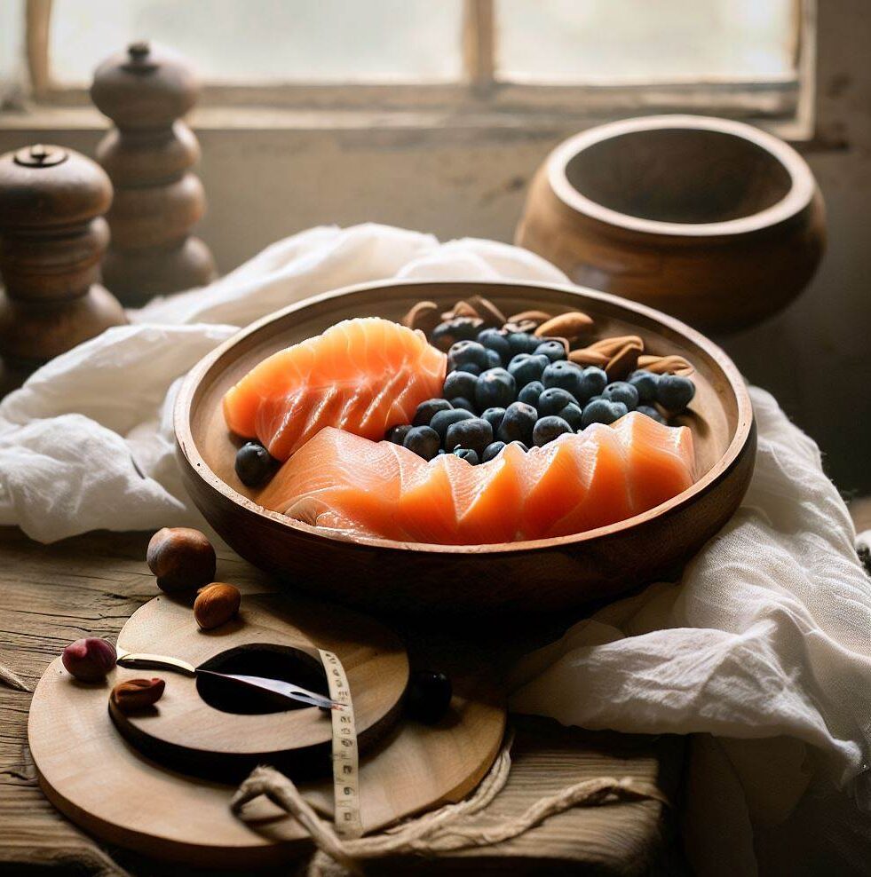 salmon and blueberries on table